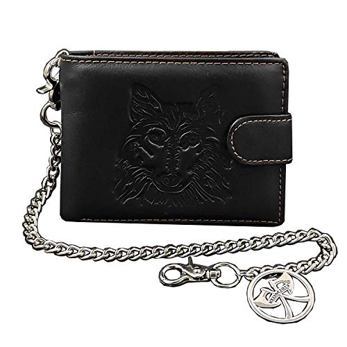 Wolf Design Leather Biker Card Momey Wallet with Jean Key Chain