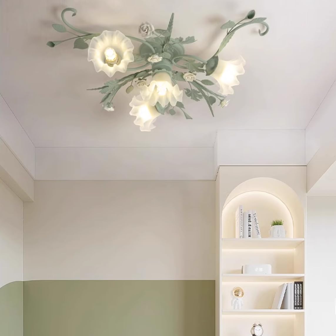 Modern Flower Shaped Ceiling Light Macaron Green 4 Lights Semi Flush Mount Chandelier Frosted Glass Shade Vintage Floral Light Fixture with Rose for Pastoral Girls Bedroom Dining Room