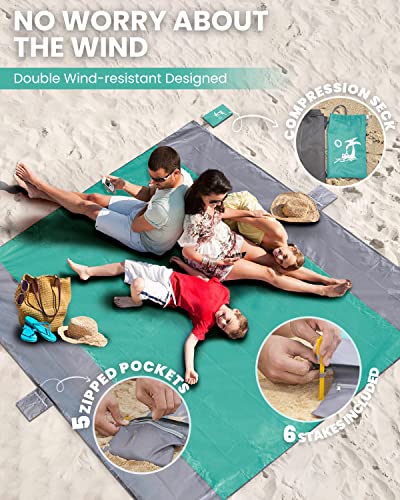 Popchose Beach Blanket, Sandfree Beach Mat ‎108"X85.2" For 7 Persons, Extra Large Beach Blanket Waterproof Sandproof With 6 Stakes, Easy To Clean, Lightweight Compact Beach Accessories #TOP4