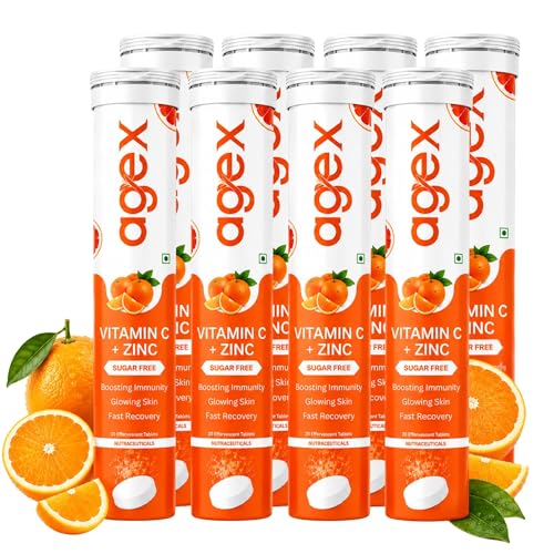 Image of Vitamin C+Zinc Effervescent Tablets | Natural Amla Extract 1000mg + Vit C 80mg + Zinc 10mg | Immunity Booster for Skin, Hair & Nails | Supports Collagen Production |Orange Flavour | Sugar-Free | 160 Effervescent Tablets (Pack of 8)