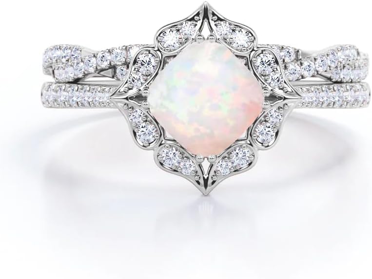 Opal Ring Set Opal Engagement Rings for Women 10K 14K 18K Gold Opal Wedding Ring Set Bridal Sets Opal Anniversary Ring Promise Ring For Her Free Engraved