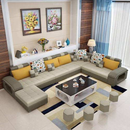 Image of Silvester 12 Seater Sofa Set for Living Room (Cream-Grey) | Interchangeable U Shape Sectional Sofa | Solid Wood Frame & High-Density Supersoft Foam | Includes Puffy & Stool | Modern Home Furniture