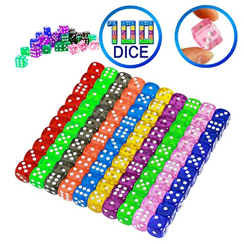 Preisvergleich Produktbild YOUSHARES Würfel 100 Stück Transparent Würfel Set mit Taschen, Spielwürfel für Tischkartenspiele, Würfel Bunt Set 6-Seitig, 16 mm d6 Standardwürfel
