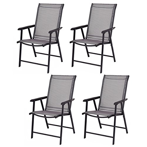 Giantex Set of 4 Folding Patio Chairs, Outdoor Portable Dining Chairs for Garden Camping Poolside Beach Deck Lawn, 4-Pack Sling Armchairs, Metal Frame, Grey