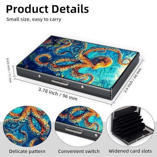 Credit Card Holder Wallet for Women - Ultra-Slim Metal Card Wallet with RFID Blocking | Mini 6-Slot Card Case Wallet, Secure & Stylish Metal Credit Card Holder, Majestic Octopus2