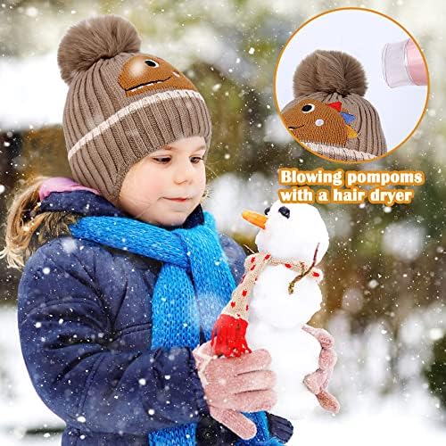 Boys Winter Hat - Kids Beanie Hat Earflap Dinosaur Kids Bobble Hat Thermal Fleece Lining Toddler Knitted Hat with Strap Pompom