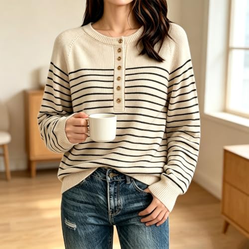 Knit Sweater for Women Oversized Trendy Button Crewneck Warm Sweater - image 3