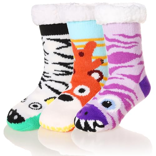SEEYAN Kids Fluffy Socks Boys Girls Christmas Stockings Cute Animal Soft Fuzzy Thermal Fleece Lined Non Skid Winter Home Socks (Monster+Cow+Animal 5-8 Years)