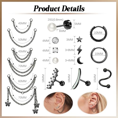 REVOLIA 316L Stainless Steel Cartilage Earrings Set Huggie Hoop Earrings Pearl Flat Back Earrings for Women Cartilage Helix Earrings with Chain Dangle Conch Tragus Piercing Jewelry Set3