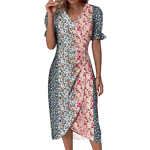 Meine bestellungen anzeigen Sommerkleid Damen Kurzarm v Ausschnitt Damenkleid Elegante Plissee Tunikakleid Casual Floral Print Dress Ausschnitt Loose blusenkleid Damen