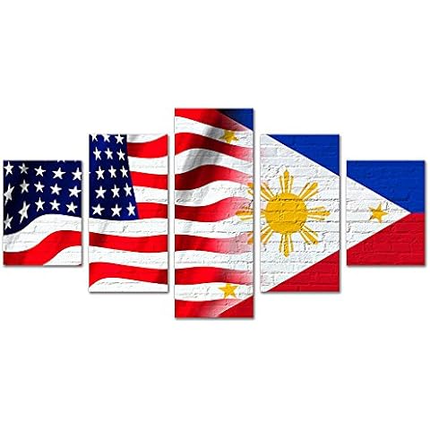 American and Philippines Flag Canvas Painting Wall Art for Bedroom Decor 5 Pieces Giclee Prints Pictures Framed and Stretched Ready to Hang-100x55cm Cover