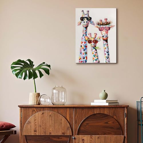 Leinwand Bilder Wandbild 30x40 cm mit Rahmen – Bunte Giraffen im -Design, Kunstdruck auf Leinwand, Ideal für Wohnzimmer, Schlafzimmer oder Kinderzimmer, Mit fixierten Haken und ohne Spuren Nägeln