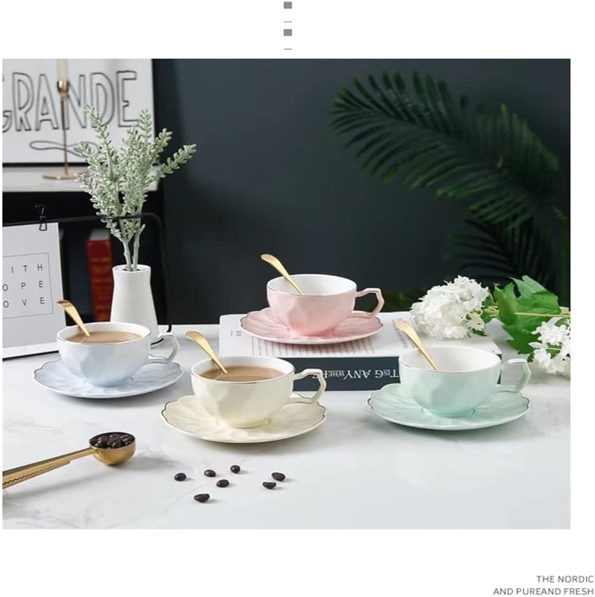 Latte Cup, European Style Tea Coffee Cup Set Ceramic Cup British Cup Saucer Retro Coffee Cup Saucer Solid Color Pattern Office Cup Saucer Tea Cup Set Us(Green)