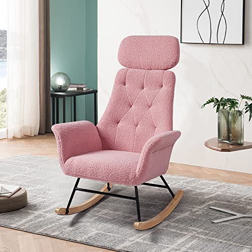 Wirrytor Modern Nursery Rocking Chair, Teddy Fabric Upholstered Glider Rocker Chair, Rocking Accent Chair With High Backrest Armchair Comfy Side Chair For Living Room Bedroom Home Offices(Teddy Pink) #TOP4
