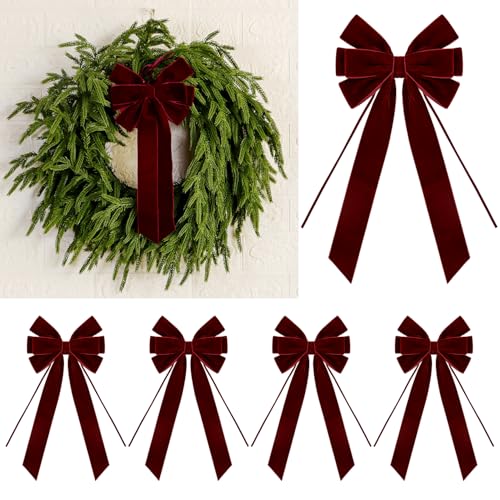 4 Pcs Luxury Burgundy Velvet Bows for Christmas Tree - 15 x 6.5 Inch Wine Red Velvet Bows for Gift Wrapping Xmas Tree Wreath Garland Wall Cabinet Fireplace Staircase Wedding Home Decoration