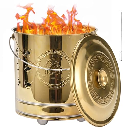 Barril para Quemar, Jaula para Quemar de Acero Inoxidable con Tapa y asa, incinerador para Exteriores, Recipiente Seguro para hogueras para Papel de Hojas de desechos de jardín, 34x31 cm, Dorado