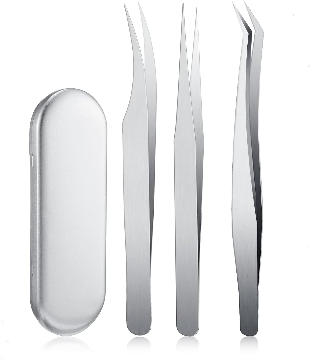 Shunle Tweezers for Eyelash Extensions by - 3PCS Professional Stainless Steel Precision Eyelashes Lash Tweezers Set for Your Beauty - Steel Pointy Ends Meet Perfectly,Silver