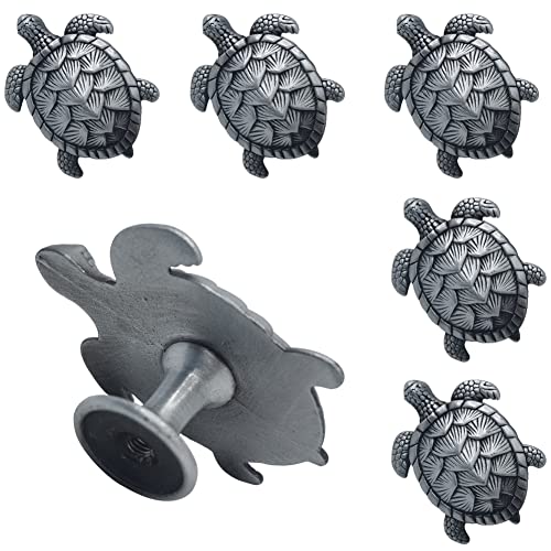 Beyoo - 6 pomos decorativos con forma de tortuga marina para puerta de aparador, cajón, armario, armario, 2 tamaños, incluye tornillos (plata antigua)