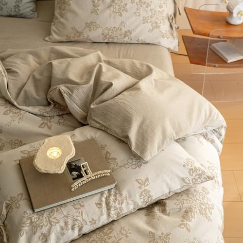 VM VOUGEMARKET Garden Floral Duvet Cover Queen,3 Pcs Yarn-Dyed Jacquard Textured Duvet Cover with Bowknot Retro Monet Style Bedding Set-90"x90",Khaki