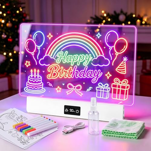 Image of OUTON Rechargeable LED Drawing Board for Kids, 16" Glow Doodle LED Note Board with 8 Colors, 3 Light Effects, Reusable Neon Light Up Drawing Tablet Gift for Girls and Boys with Battery Display, White