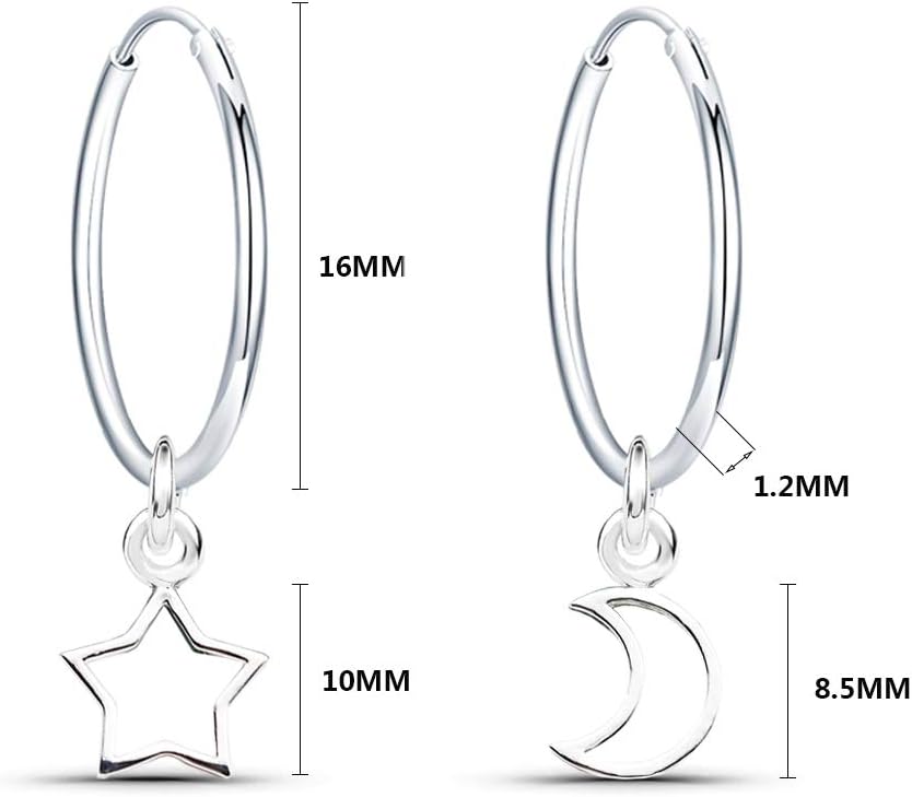 925 Sterling Silver Earrings Dangle Drop Moon and Star Hoop Earrings Diameter 16mm Sleeper Hoops Earrings for Women Girls - Image 3