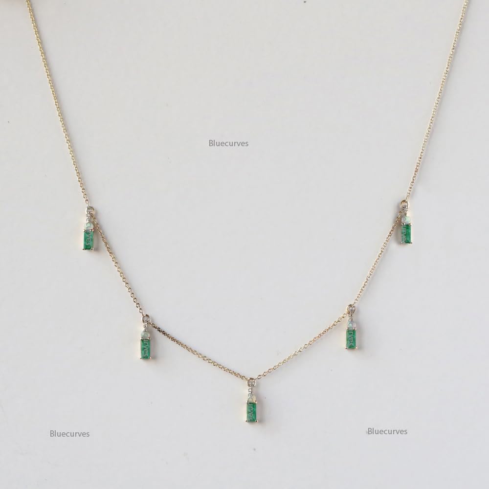 5 Natural Baguette Emerald with Ethiopian Opal Drop Chain Necklace, in Solid 9k, 14k & 18k Gold| Wedding Layering Chain Necklace, green