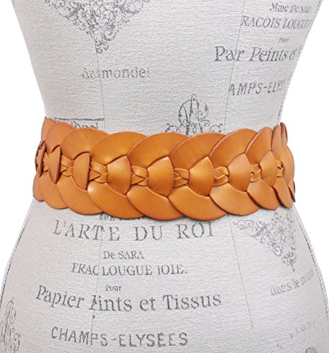 Ladies 3" (75 Mm) Wide High Waist Round Disk Linked Braided Cowhide Top Full Grain Leather Belt, Light Tan | 40" #TOP3