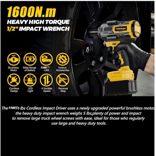 1600Nm Impact Wrench, 1/2" 1180ft-lbs Cordless Impact Gun with 1 x 8.0Ah Battery, 21V High Torque Power Impact Driver with 6 Sockets， Pistola Llave De Impacto for Truck RV Car Heavy Construction
