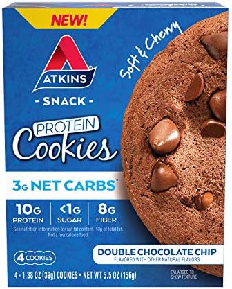 Atkins Double Chocolate Chip Protein Cookie, Protein Dessert, Rich in Fiber, 3g Net Carbs, 1g Sugar, Keto Friendly, 4 Count