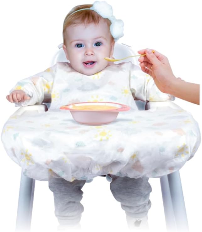 Sevi Bebe High Chair Cover with Disposable Sleeved Bib - 5 * 2 Piece Sets (10 pcs in total) 2 Piece Set Free Meal Times, Premium Baby-Led Weaning (BLW) accessories, Perfect for Traveling, Waterproof
