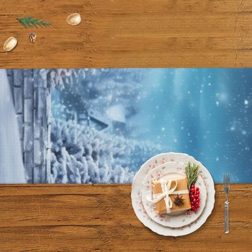 Chemin de table de Noël en lin imprimé bleu pour repas de mariage rustique