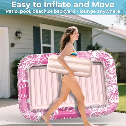 Inflatable Tanning Pool Lounger Float, 70" x 46" Pool Floats Adult with Pillow, 6 in 1 Suntan Tub Raft Floatie, Sunbathing Water Bed Lounge Blow Up Kids Ball Pit Party Gifts-Pink by Poolacc Chem - Used condition - Image 3