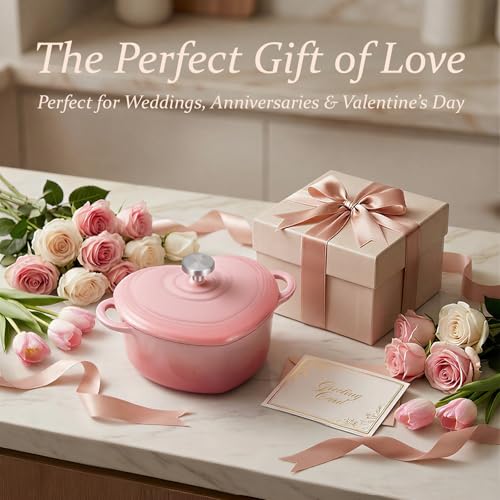 Overmont Enameled Cast Iron Dutch Oven - 2QT Pink Heart-Shaped Mini Pot