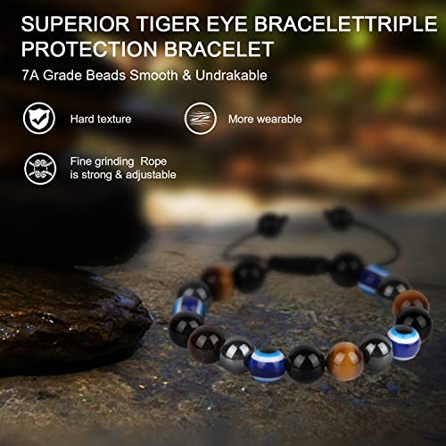 Triple Protection Bracelet - Beaded Bracelet For Men Women - Handmade Bracelets With Natural Stones Of Evil Eye, Tiger Eye, Black Obsidian, Hematite-10Mm Healing Bracelets Bring Prosperity & Happiness #TOP3