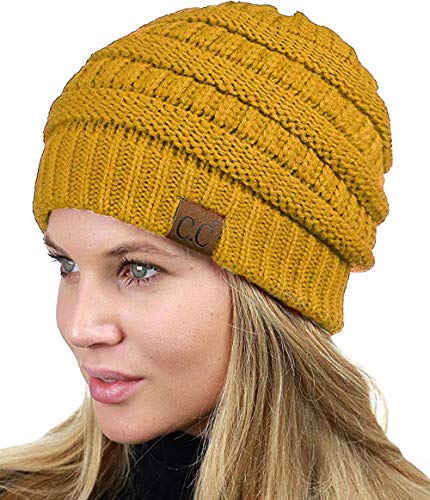 C.C Unisex Chunky Soft Stretch Cable Knit Warm Fuzzy Lined Skully Beanie (Mustard)