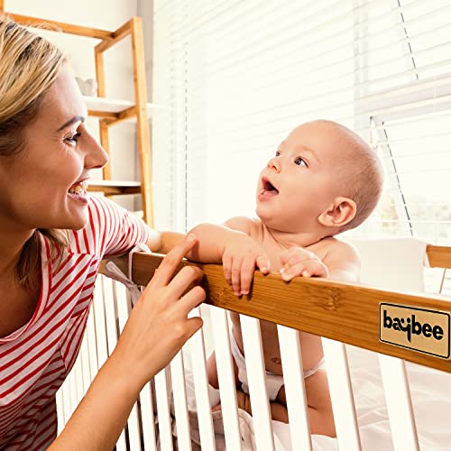 Image of BAYBEE Wooden Baby Cot for 0-3 Years | Cradle for New Born | Premium Pine Wood Baby Crib with 3-Level Height Adjustment, Protective Rail Cover & Portable Nursery Design (White)