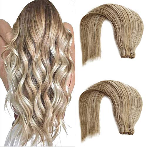 Sew in Human Hair Extensions for Women Real Remy Hair Weave Bundles Blonde Human Hair Bundles with Beige Blonde with Platinum Blonde Highlights Double Weft Sew in Weft Hair Extensions 14Inch 80g