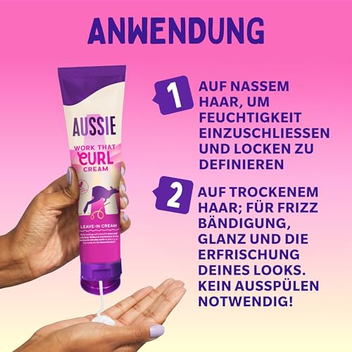Aussie Work That Curl Cream 160ml, Leave In Creme zur Definition und Feuchtigkeit für Welliges und Lockiges Haar, für ein Gepflegtes Gefühl