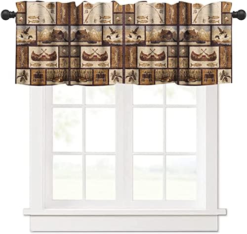 ESPROUTTY Rustic Vintage Curtains Valance, Small Wooden Boat and Fish Decorative Window Curtain Panel Pair, Suitable for Fishing Lovers 54x18in