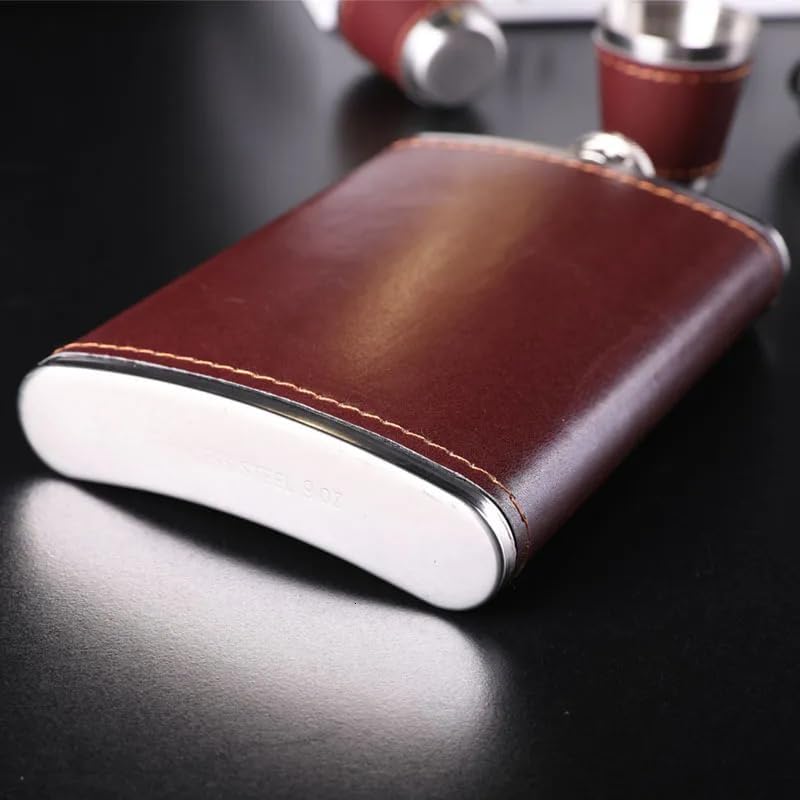 Image of Leather Stainless Steel Hip Flask with 4 Shot Glasses with Funnel, Liquor, Wine, Whiskey, Alcohol Drinks Holder Pocket Beverage Bottle for Men and Women