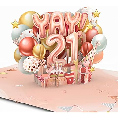 Liif Happy 21st Birthday Card, Birthday Card For 21 Years Old For Girl, Daughter, Granddaughter, Niece | Age Twenty-One - Pink Balloons Celetration | With Message Note & Envelop | Size 7 x 5 Inch Cover