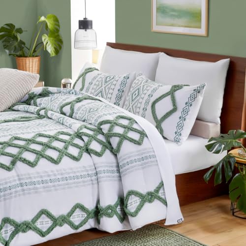 Image of MOVE OVER Green Tufted Comforter Set Queen Size 7 Pieces Bed in a Bag Boho Chic Aztec Comforter Set with Sheet Set Soft and Lightweight Farmhouse Ethnic Bedding Sets for All Seasons