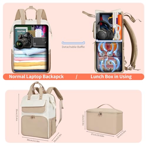 Image of BERTASCHE Lunch Backpack for Women, 15.6 Inch Laptop Backpack with Insulated Cooler Lunch box, Nurse Backpack for Teacher Work Travel College Picnic, Khaki-Beige
