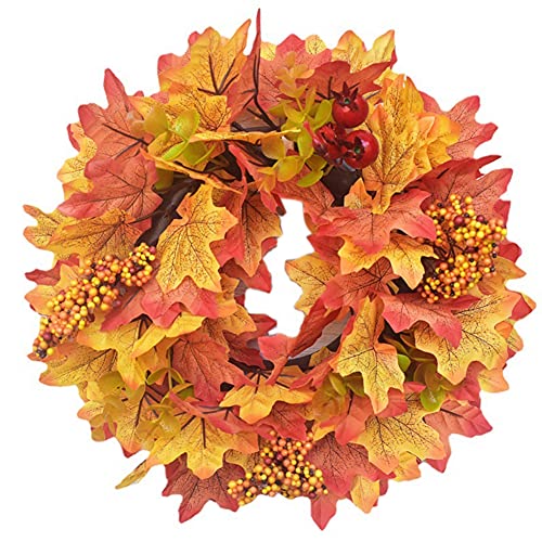 Corona de otoño para puerta delantera, 30 cm, coronas de Halloween, decoración de Navidad, decoración del hogar, guirnalda de otoño con calabaza artificial arce hojas de oro y piña (G2, pequeña)