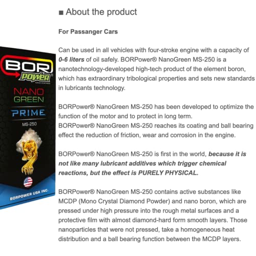 Borpower Nanogreen Ms-250 Oil Additive Motor Interior Coating & Ball Bearing Effect The Reduction Of Friction,Wear & Corrosion In The Enginefor Passanger Cars 250 Ml #TOP1