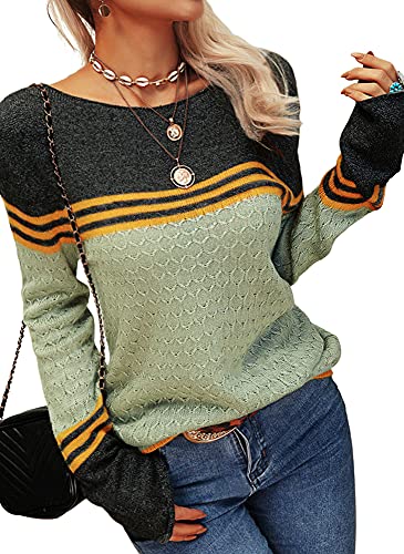 Image of Grlasen Women Fashion Autumn Winter Colorblock Pullover Knitting Sweater Round Neck Knitwear Tops