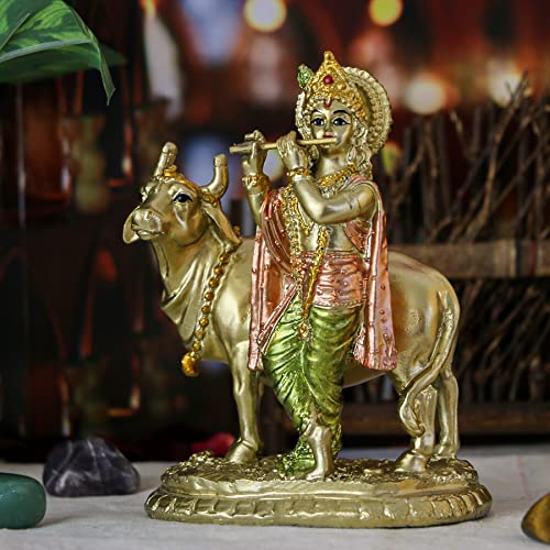 Alikiki Hindu God Krishna Statue - 5.3 Inch Youth Krishna Idol And The Holy Cow Statue - Indian Buddha Statues Pooja Mandir For Home Yoga Room Decor #TOP12