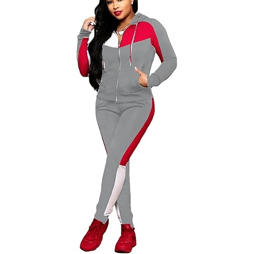 Bluewolfsea bluewolfsea Women's 2 Piece Outfits Pants Set Striped Colorblock Sweatsuits Long Sleeve Hooded Jogging Suit Medium Grey