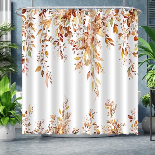 ACZHHZC Fall Eucalyptus Leaves Shower Curtain, Autumn Aesthetic Art Watercolor Plant Floral Leaf Bathroom Decor, Waterproof Fabric Cloth Bath Curtain Set with Hooks (Brown-Orange, 72x72 Inches)