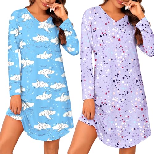 Marvmys 2 Pack Nightgowns for Women Long Sleeve Night Shirts Sleepwear V Neck Night Gown for Adult Women S-3XL Black & Black Floral Small